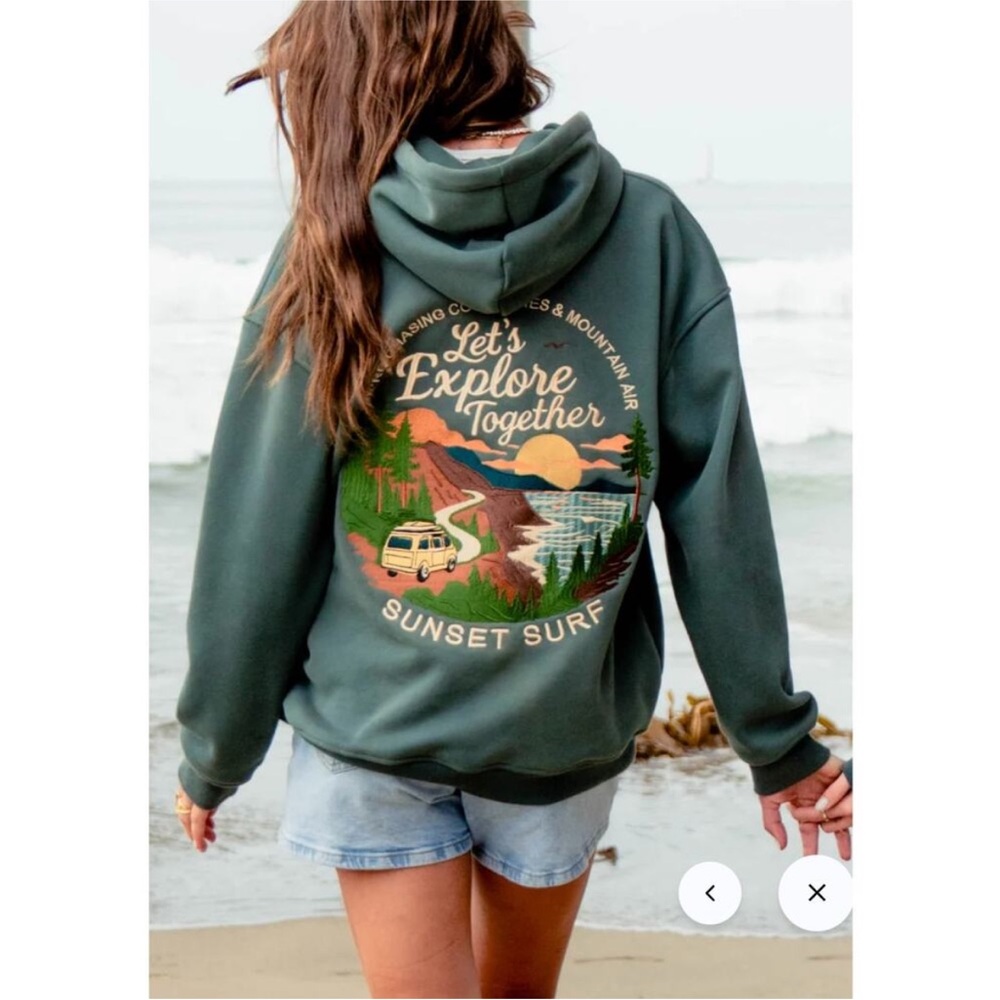 Sunset Surf Coastal Explore Hoodie Let's Explore Together Graphic Hoodie Medium